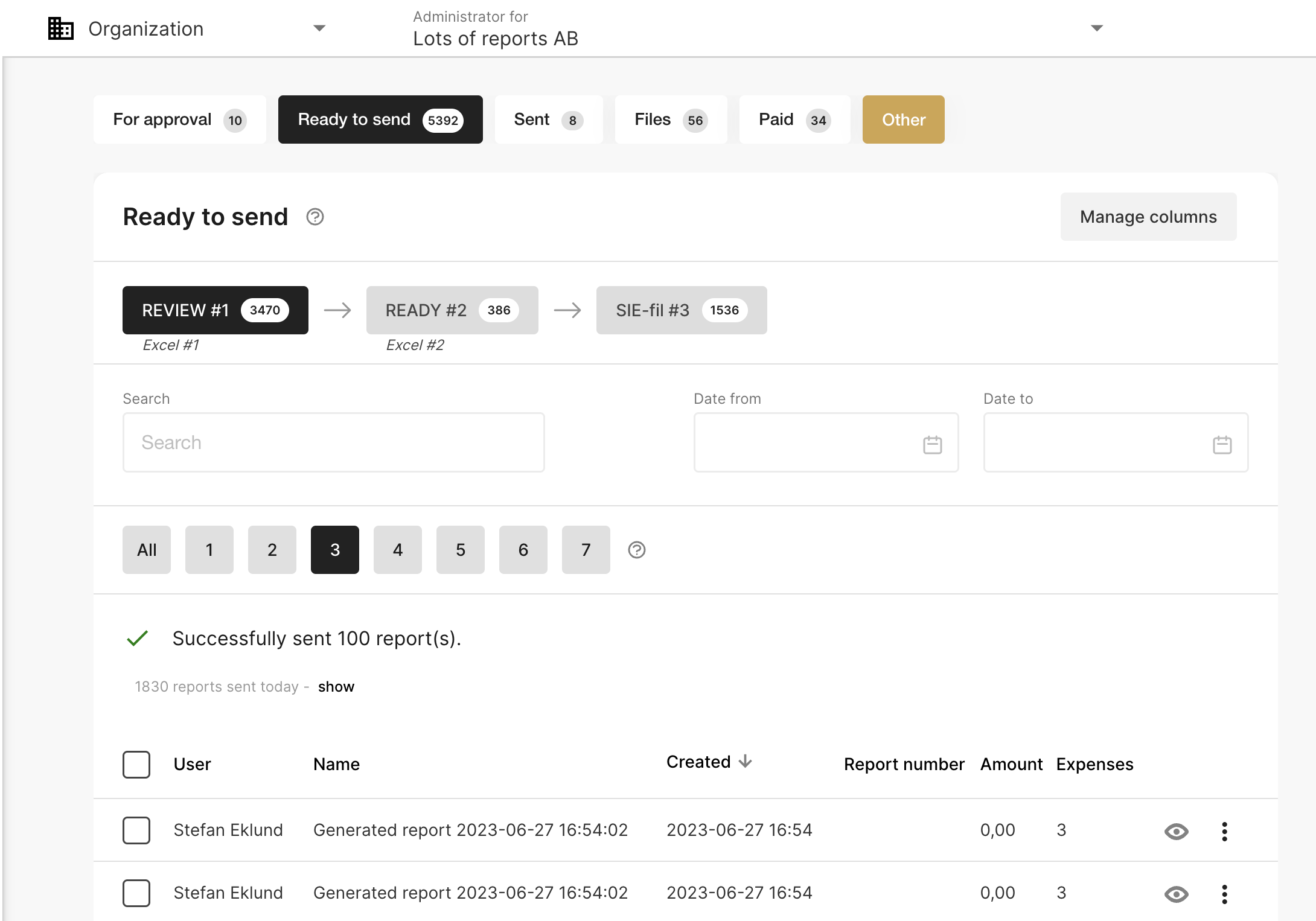 Administrators report view